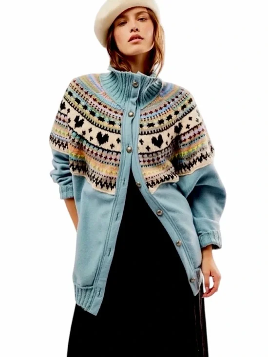 Free People - Emily Sweatshirt Fair Isle Heart Oversized Fleece Jacket - Sz. XS - Picture 1 of 6